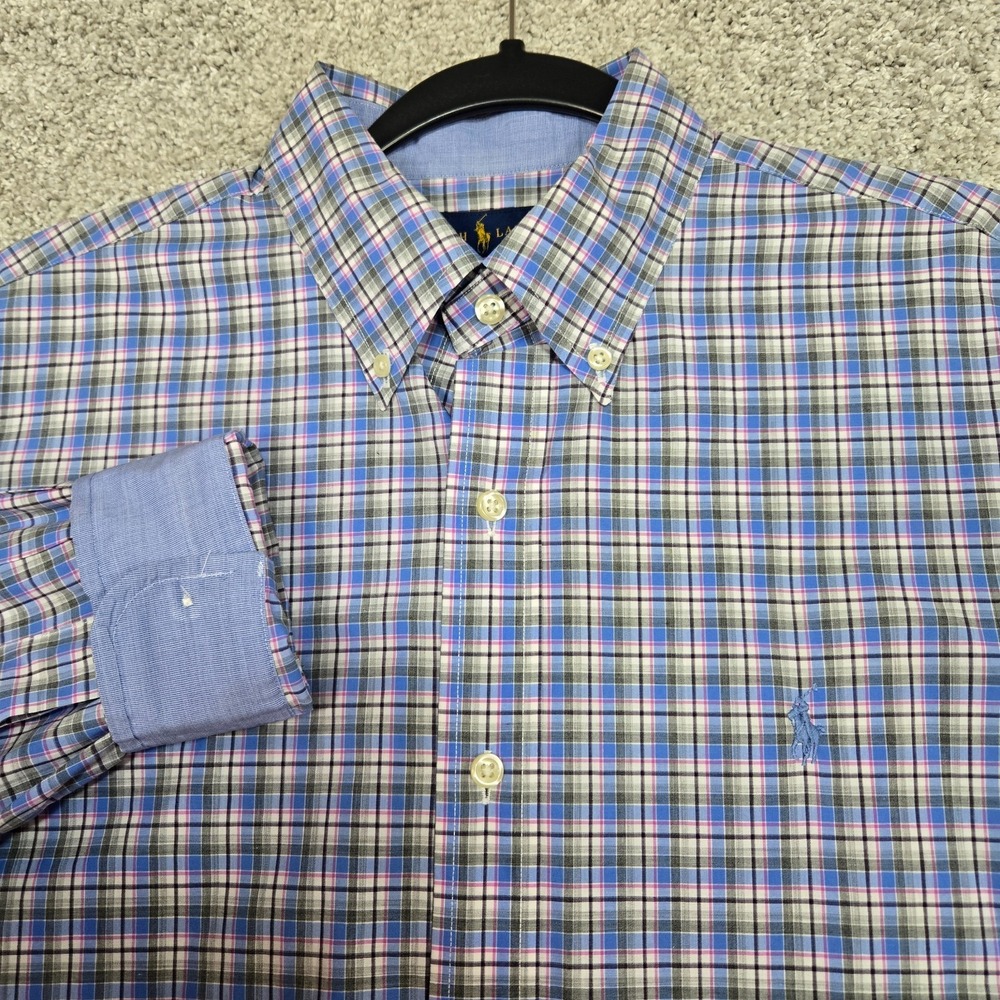 Polo Ralph Lauren shirt L/S cotton stretch blue flip cuff plaid mens Medium